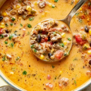 Bowl of warm and creamy taco soup garnished with fresh herbs and toppings