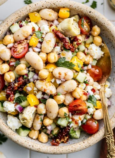 Delicious cozy dense bean salad showcasing vibrant beans and fresh ingredients.