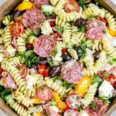 Cozy Italian pasta salad with fresh vegetables and herbs