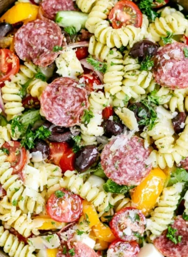 Cozy Italian pasta salad with fresh vegetables and herbs