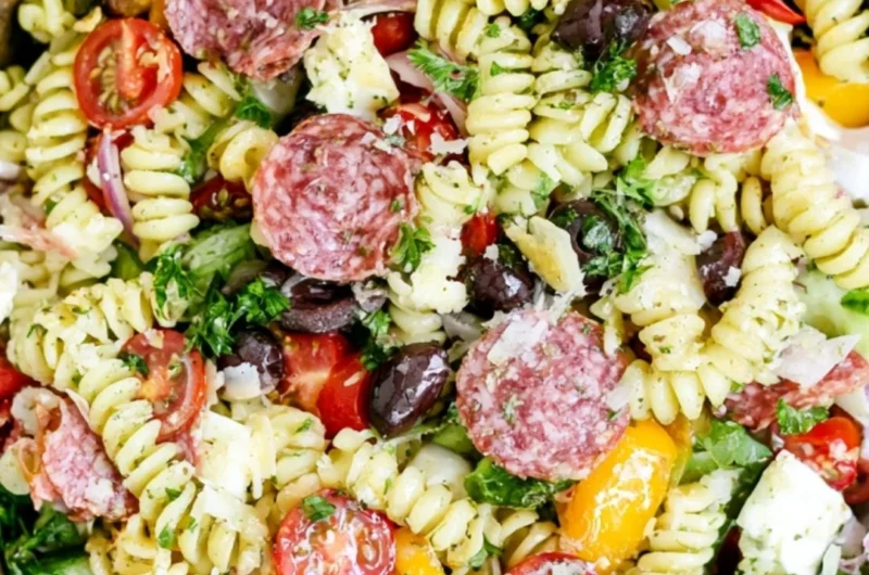 Cozy Italian pasta salad with fresh vegetables and herbs
