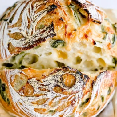 Loaf of cozy jalapeño cheddar sourdough bread with jalapeño slices and cheese