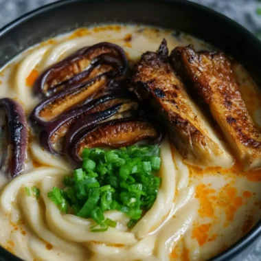 Cozy miso udon noodle soup topped with teriyaki mushrooms in a delicious broth.