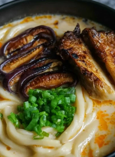 Cozy miso udon noodle soup topped with teriyaki mushrooms in a delicious broth.