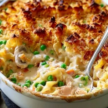 Delicious serving of cozy no-soup tuna noodle casserole in a baking dish