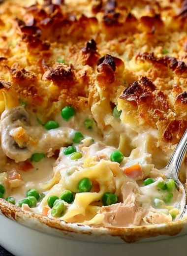 Delicious serving of cozy no-soup tuna noodle casserole in a baking dish