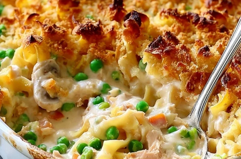 Delicious serving of cozy no-soup tuna noodle casserole in a baking dish