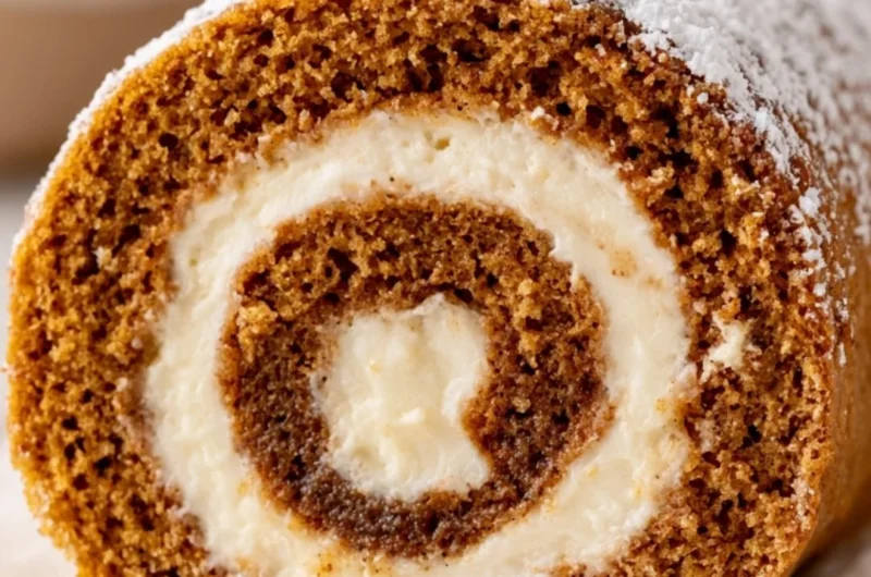 Delicious creamy pumpkin roll dessert served on a cozy autumn table