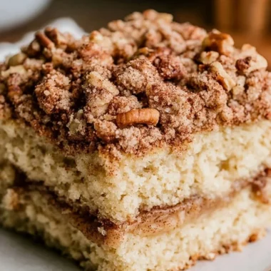 Delicious and cozy sourdough coffee cake served with a cup of coffee