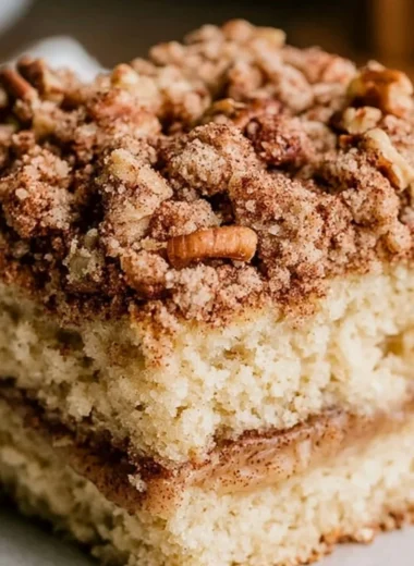 Delicious and cozy sourdough coffee cake served with a cup of coffee