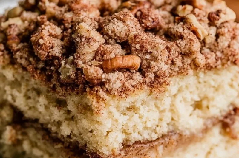 Delicious and cozy sourdough coffee cake served with a cup of coffee