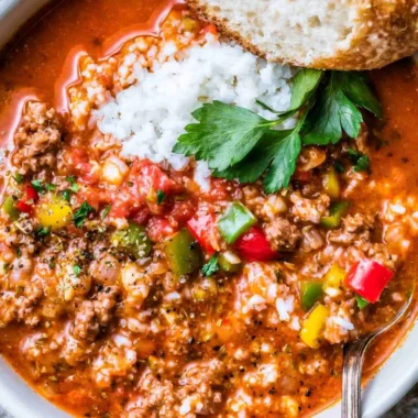 Bowl of cozy stuffed bell pepper soup garnished with fresh herbs