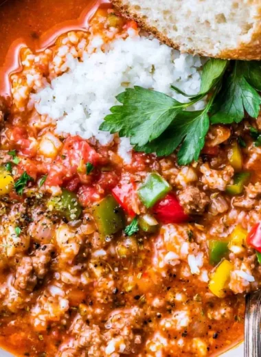 Bowl of cozy stuffed bell pepper soup garnished with fresh herbs