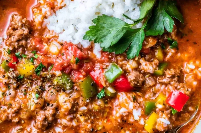 Bowl of cozy stuffed bell pepper soup garnished with fresh herbs