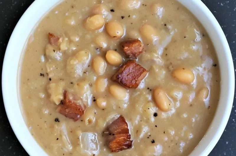 Creamy Great Northern beans with ham served in a white bowl