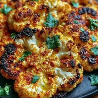 Crispy baked cauliflower steaks served on a plate with herbs