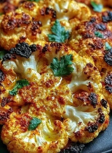 Crispy baked cauliflower steaks served on a plate with herbs