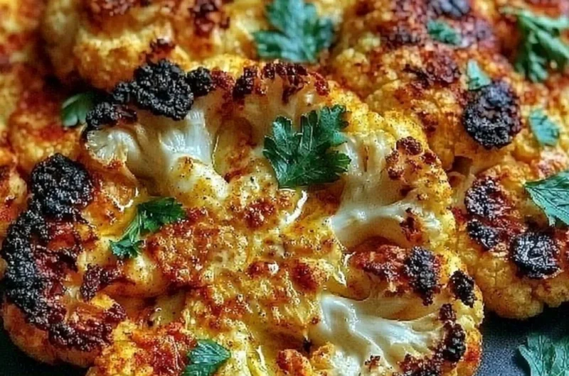 Crispy baked cauliflower steaks served on a plate with herbs