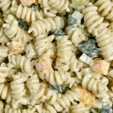 Creamy Dill Pickle Pasta Salad with fresh ingredients and tangy flavor
