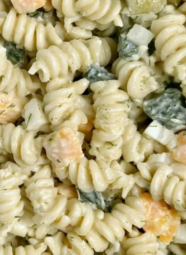 Creamy Dill Pickle Pasta Salad with fresh ingredients and tangy flavor