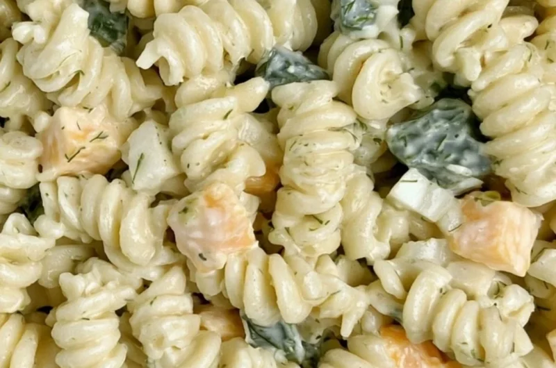 Creamy Dill Pickle Pasta Salad with fresh ingredients and tangy flavor