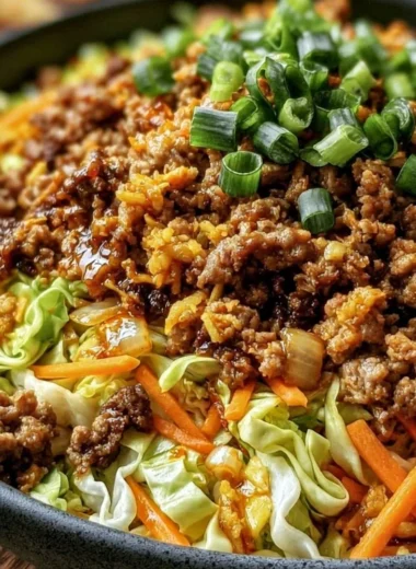 Healthy Egg Roll in a Bowl with vegetables and protein for a quick meal.