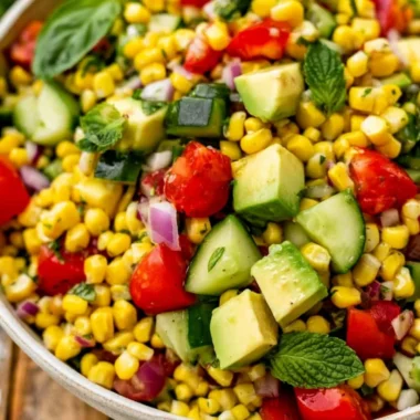 Delicious fresh corn salad with vibrant vegetables and dressing