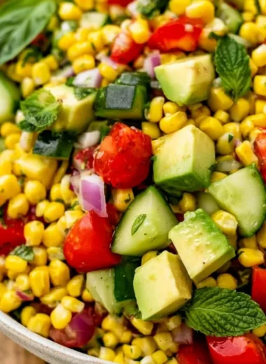 Delicious fresh corn salad with vibrant vegetables and dressing