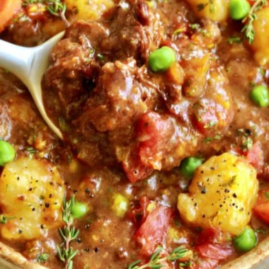 A delicious bowl of hearty vegan gnocchi stew with fresh vegetables