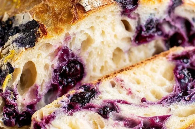 Sliced lemon blueberry sourdough bread on a wooden board
