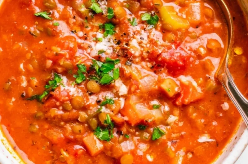 A bowl of Mediterranean Lentil Soup garnished with fresh herbs and olive oil.