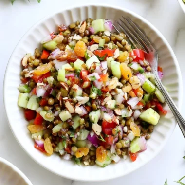 Colorful and fresh lentil salad with vegetables and dressing