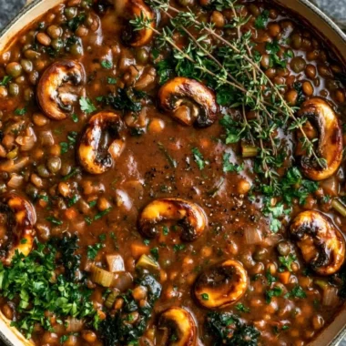 A bowl of Vegan Lentil Mushroom Stew garnished with fresh herbs and vegetables.