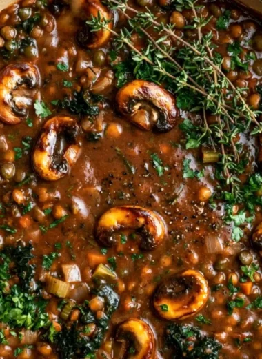 A bowl of Vegan Lentil Mushroom Stew garnished with fresh herbs and vegetables.