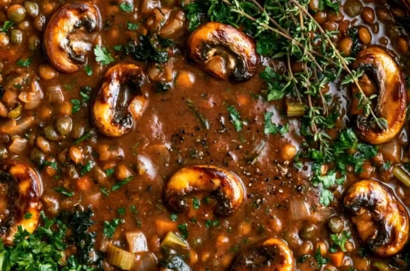 A bowl of Vegan Lentil Mushroom Stew garnished with fresh herbs and vegetables.