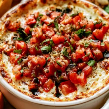 Delicious Baked Bruschetta Dip served warm with fresh ingredients.