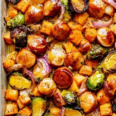 Easy sheet pan sausage and veggies with maple Dijon sauce dinner