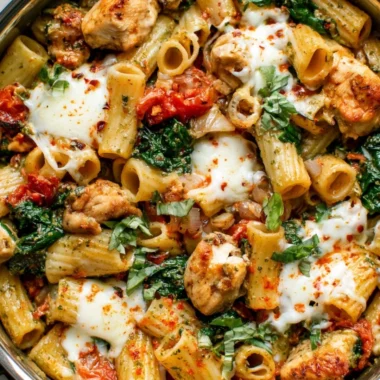 Pesto chicken pasta bake served in a ceramic dish with fresh herbs on top