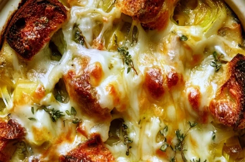 Savory Gruyere and leek bread pudding dish on a rustic table
